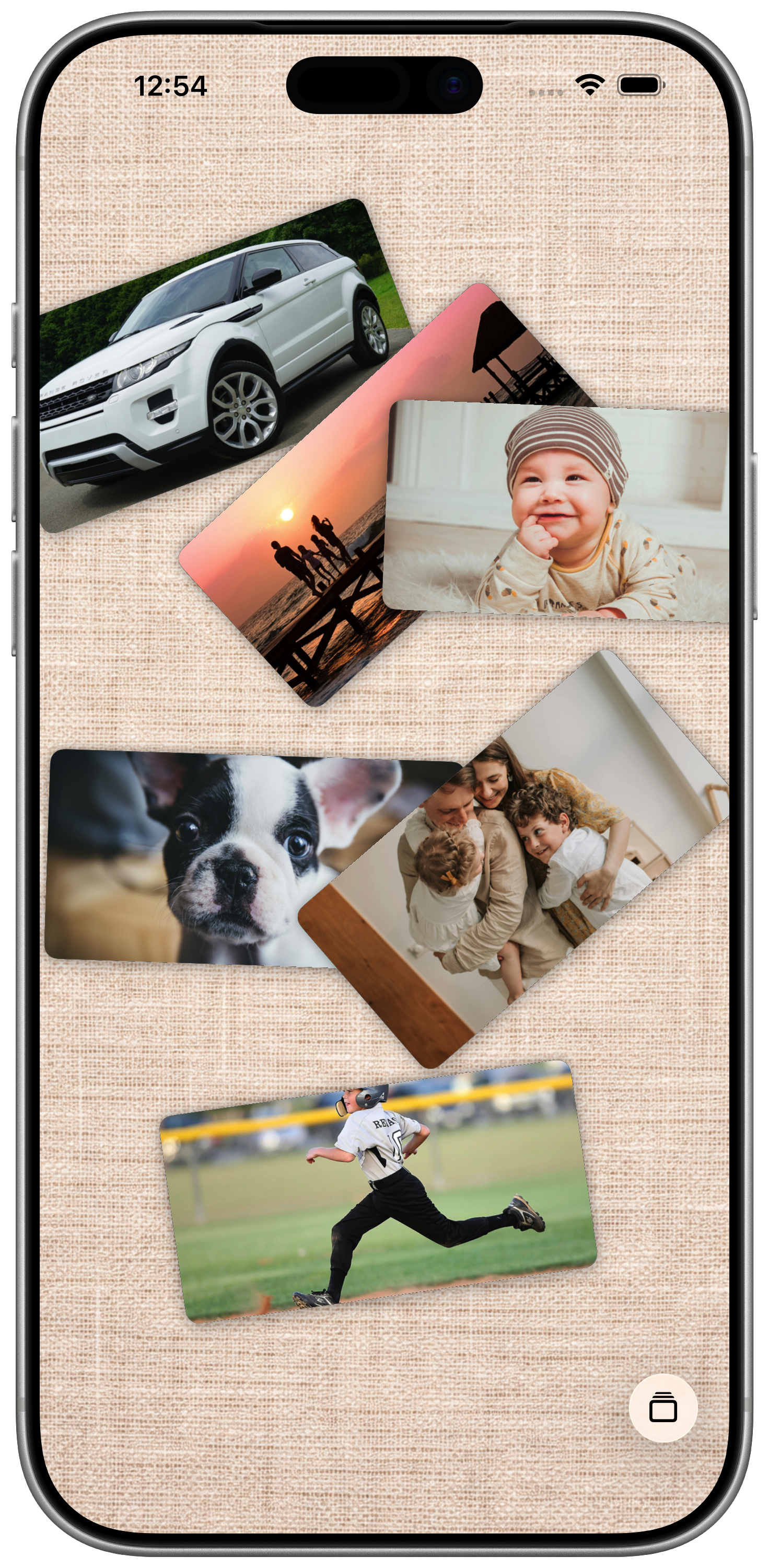 WalletPix table view showing photos scattered playfully across the screen