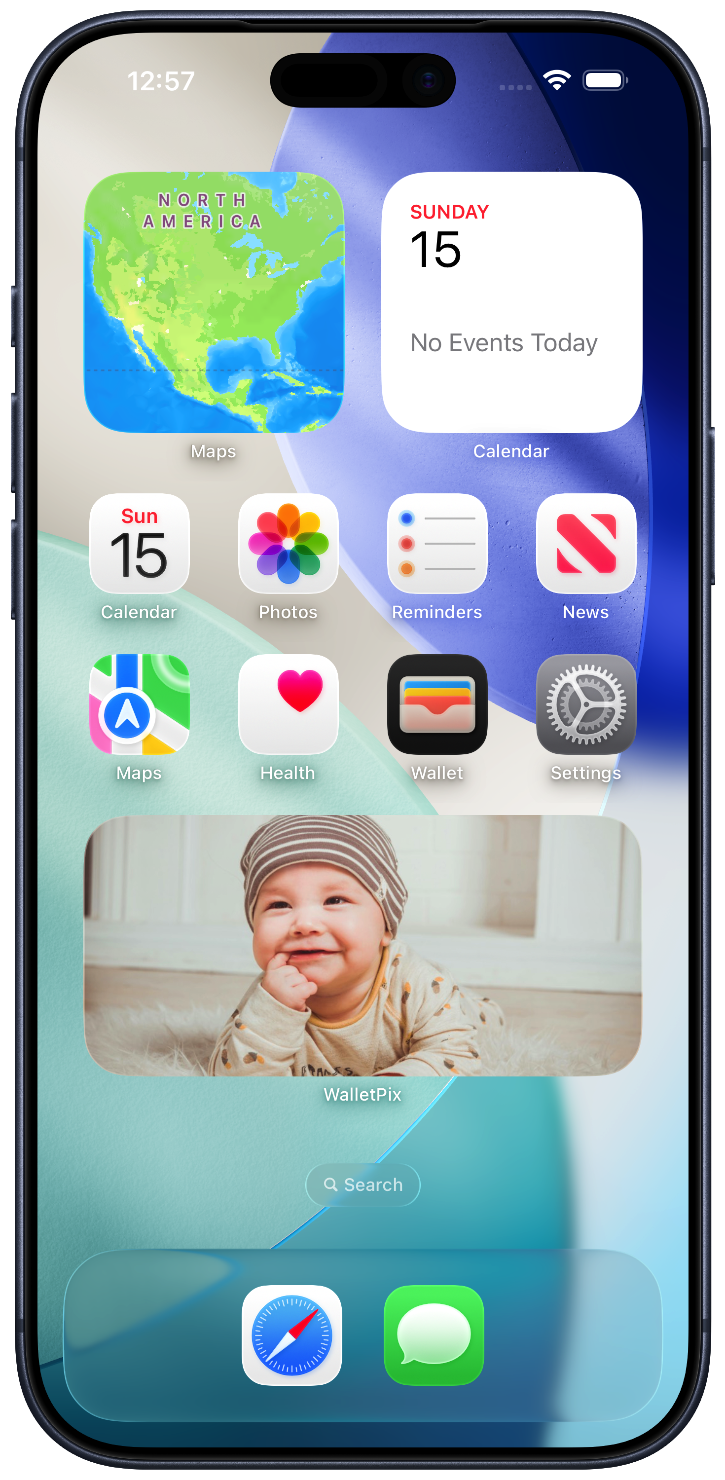 WalletPix widget on an iPhone Home Screen for one-tap access